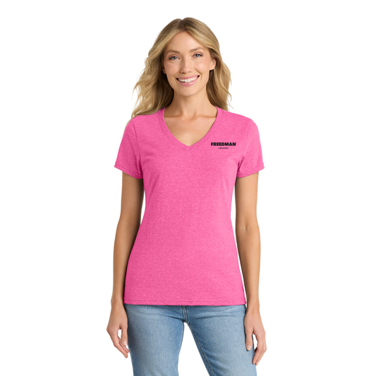 Women's Safety V-Neck Tee -Neon Pink Heather - Freedman - Black Logo